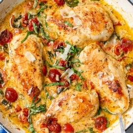 An overhead shot of a skillet of chicken breasts in a Parmesan cream sauce with wilted spinach and roasted cherry tomatoes.