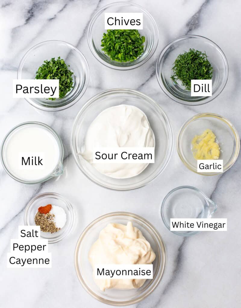 A collage of ingredients needed to make homemade ranch dressing.