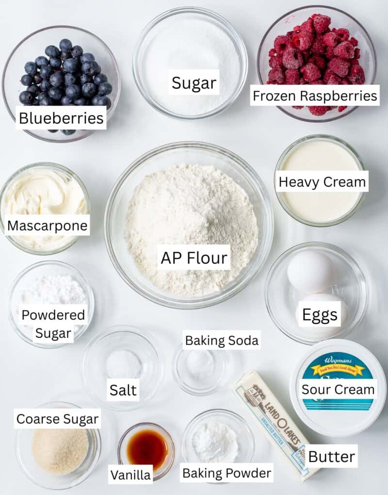 A collage of ingredients needed to make summer berry cake or red white and blue cake when topped with whipped cream.