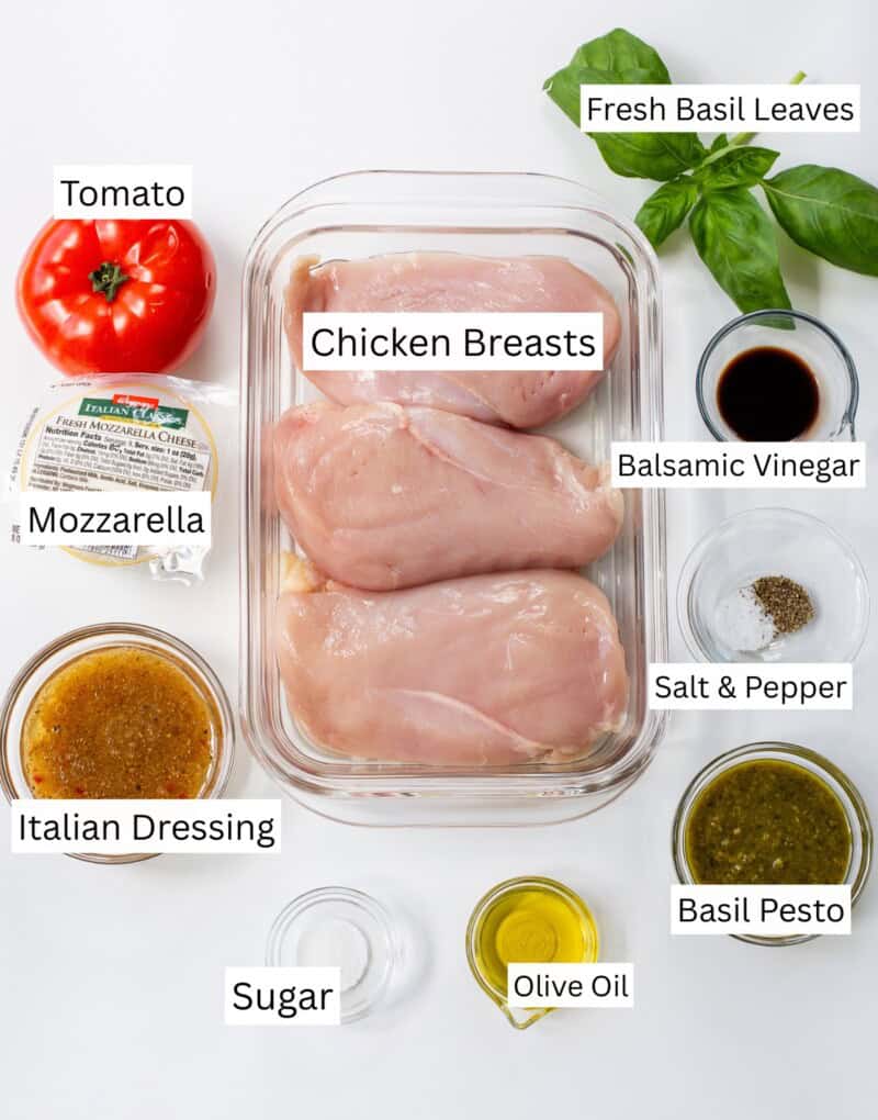 A collage of ingredients used to make Chicken Caprese.