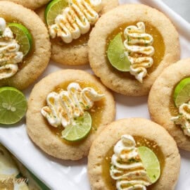 An overhead view of a platter of key lime pie cookies.