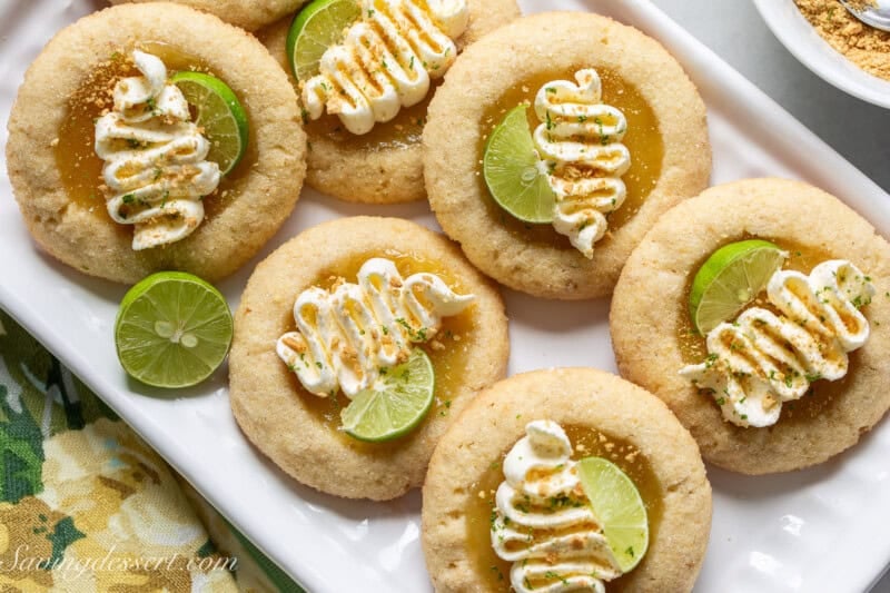 An overhead view of a platter of key lime pie cookies.