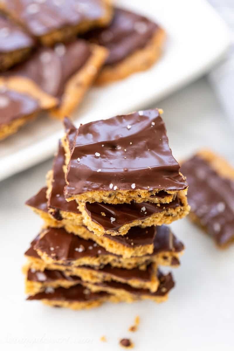Overlooking a stack of dark chocolate topped cookie bark.