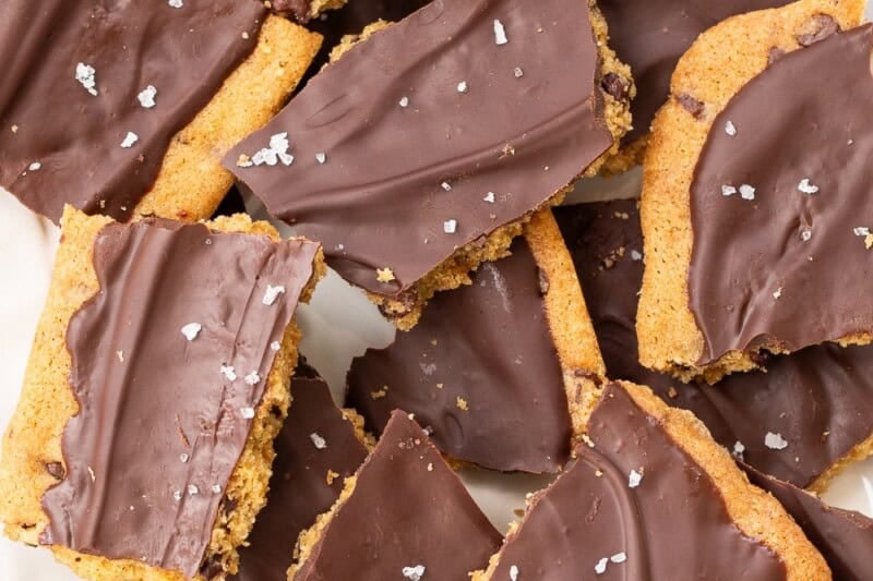 An overhead view of a platter of cookie bark topped with sea salt.