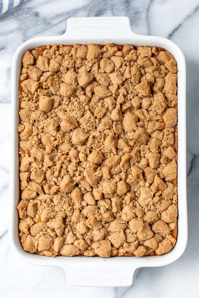 Pumpkin Crumb Cake baked in an oblong pan.