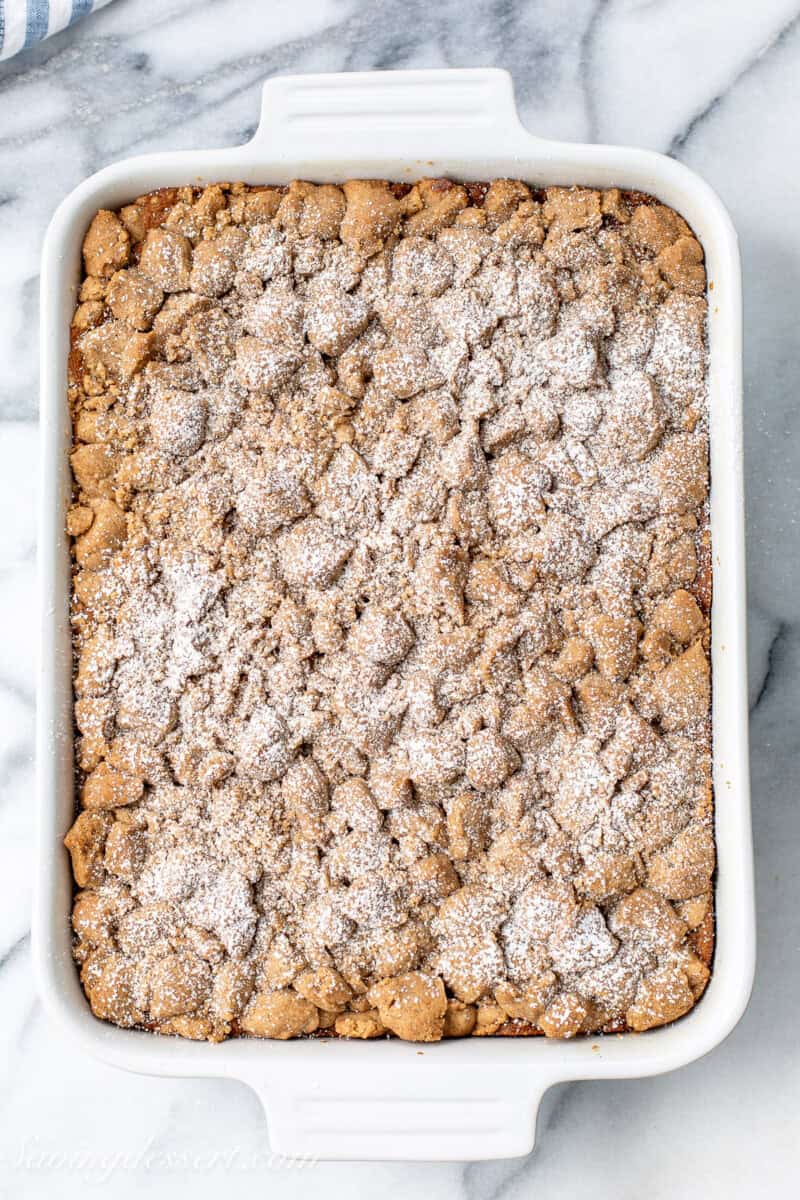 An overhead view of a pumpkin crumb cake in a oblong pan.