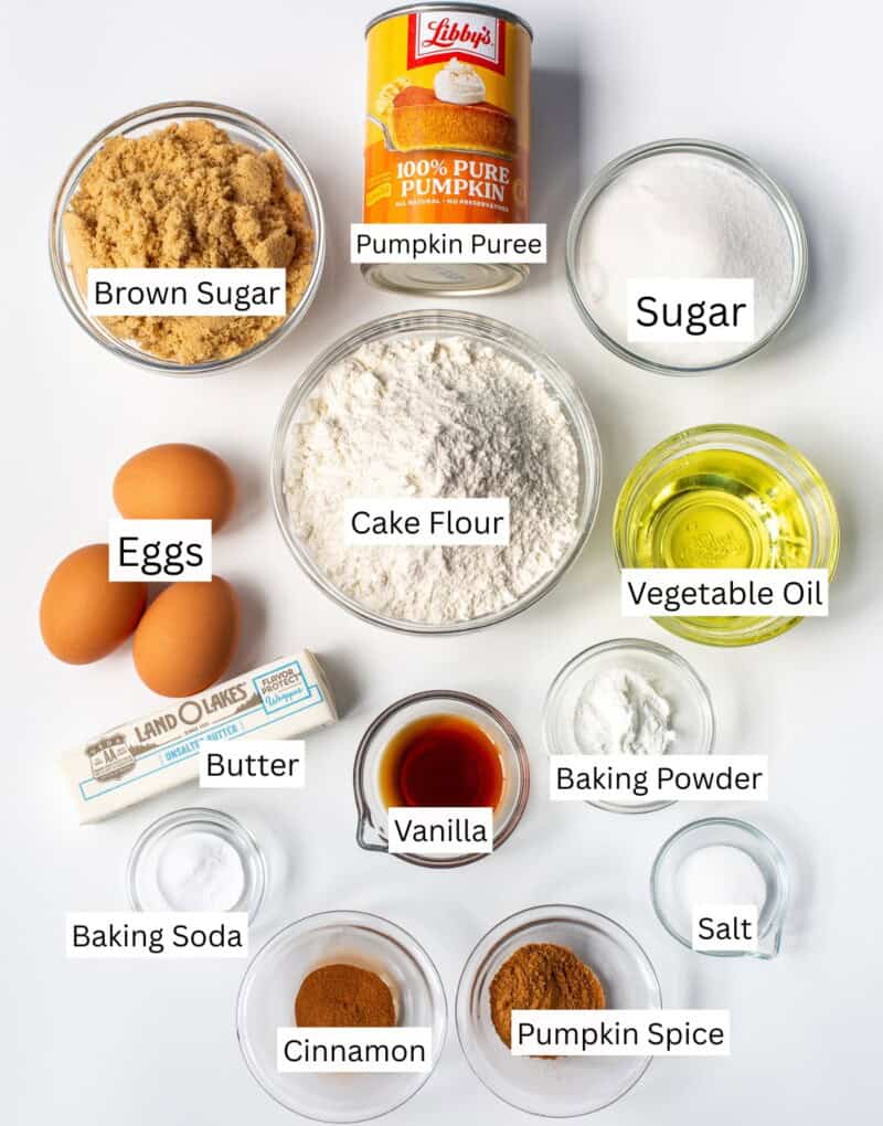 A collage of ingredients used to make a pumpkin cake.