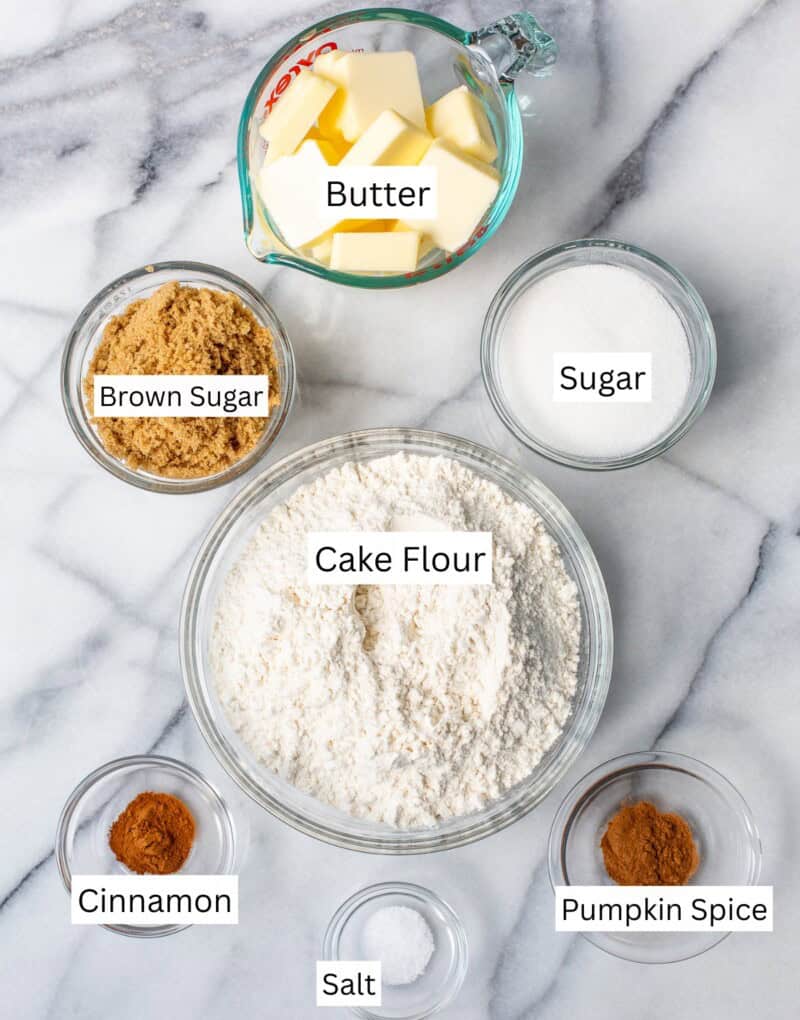 A collage of ingredients needed to make a crumb topping for a cake.